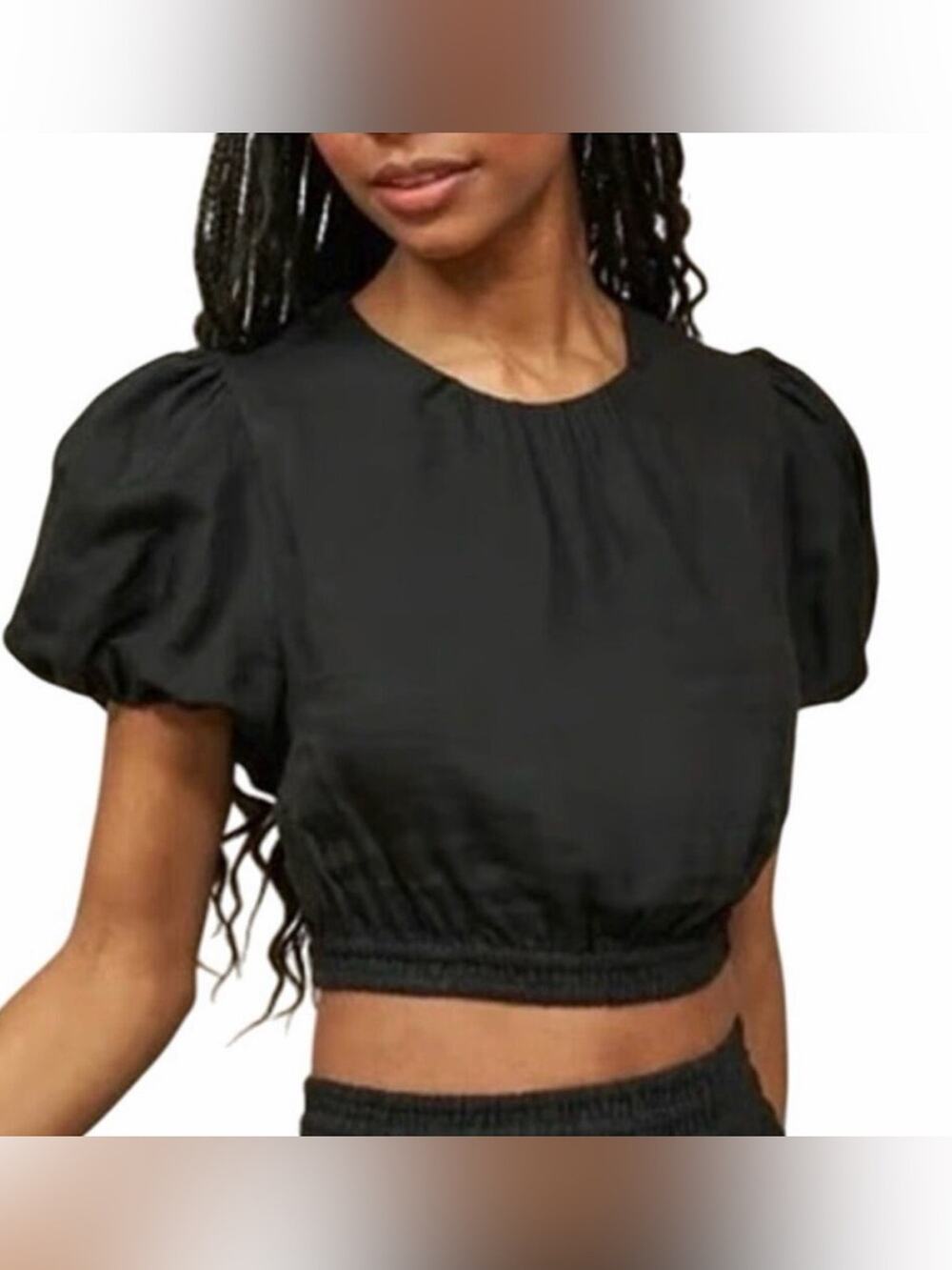 La Ligne Women's Crewneck Puff Sleeve Linen Blend Crop Top - Black - Small